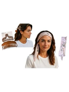 Time and Tru Pink Cotton Print Bandana And Brown Claw Clips